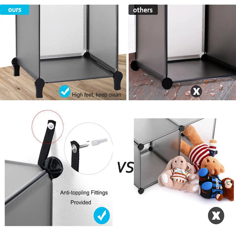Comparison of 16 Cube Storage Organizer Cubby Shelving versus others, showing high feet, and safety fittings
