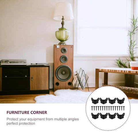 Living room with speaker and table, featuring Black Iron Corner Guards for Cabinets and Speakers, Tough As Nails Heavy Duty Metal Corner Protectors.
