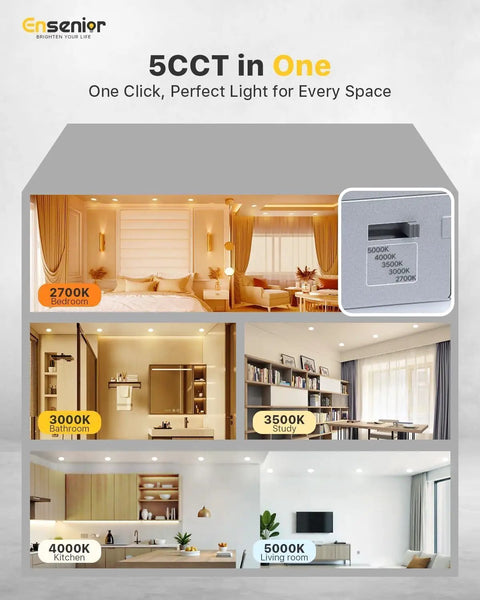 Sixteen Pack 6 Inch LED Recessed Downlights Dimmable Easy Install 5 CCT 2700K to 5000K 1050 Lumens 12W 120V IC Rated ETL Energy Star shown in various rooms