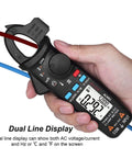 Pro Grade 1mA Resolution DC Clamp Meter True RMS Digital Multimeter showing dual line display in hand
