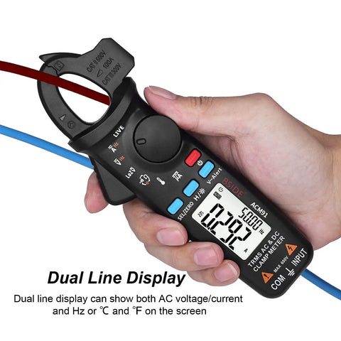 Pro Grade 1mA Resolution DC Clamp Meter True RMS Digital Multimeter showing dual line display in hand