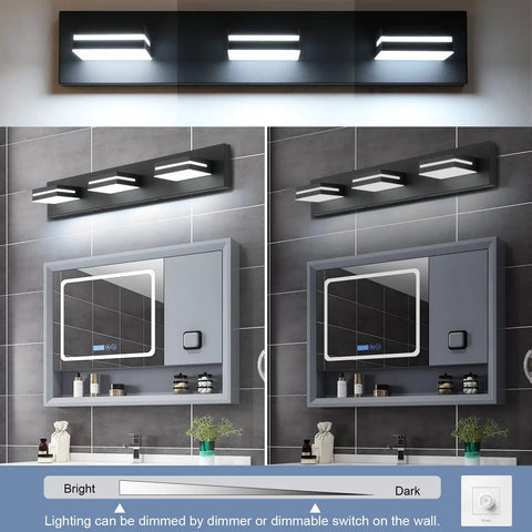 Cool White 6000K Dimmable Vanity Light in Matte Black with Acrylic Shade mounted over mirror in modern bathroom