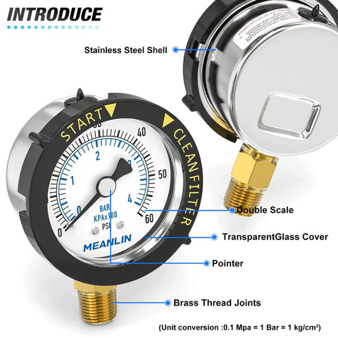 Start and Clean Filter Pressure Gauge 0-60 Psi, 2 Inch Dial, One Quarter Inch NPT, Stainless Steel, Lower Mount, Rotatable Frame