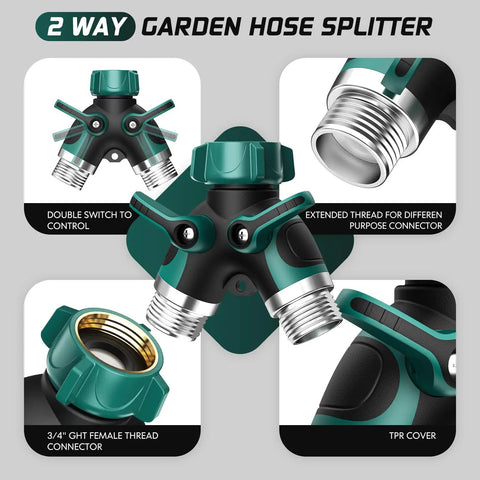 2 Way Garden Hose Splitter With Shut Off Valve For 3/4 Inch Hose Connector Heavy Duty Metal Outdoor Faucet Y Connector For Garden Hose No Leaks With Leak Proof Washers Included, 3/4 inch threads