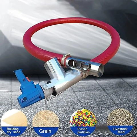 Portable Grain Pumping Auger Conveyor with red suction hose for cement, grain, fertilizer, 2m length, blue motor detail