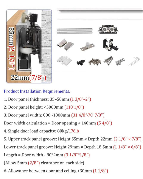 Components of Sleek Mirror Sliding Barn Door With Hidden Aluminum Track Hardware, installation guide, and measurements.
