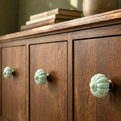 Fresh Vintage Light Green Ceramic Pumpkin Drawer Knobs And Cabinet Pulls displayed on a wooden cabinet with books.