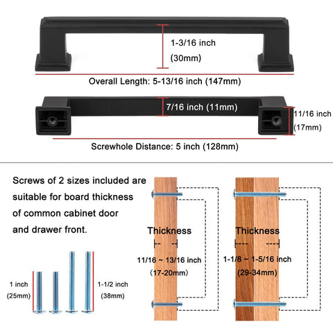 10 Pack 5 Inch Cabinet Pulls In Oil Rubbed Bronze For Kitchen Cabinets Cupboards Dresser Drawers Bedroom Wardrobes And Bathroom Furniture Hardware Solid Metal Handles With Smooth Rounded Edges For Easy Use And Elegant Finish, showing measurements and screws.