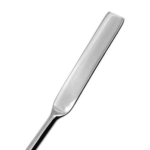 Close-up view of the dual-ended flat spatula of the Six Pack Nine Inch Stainless Steel Lab Spatula Spoon Set With Dual Ends Flat Spatula And Scoop End Polished Finish Durable And Versatile For Mixing Scraping And Transferring Liquids And Powders In Science Labs Go To Tool For Every Lab Job