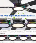52 Inch Flush Mount Ceiling Fan In Matte Black With Rgb Lighting And Led 3Cct Dimmable Bulbs, showcasing multi-mode lighting effects.