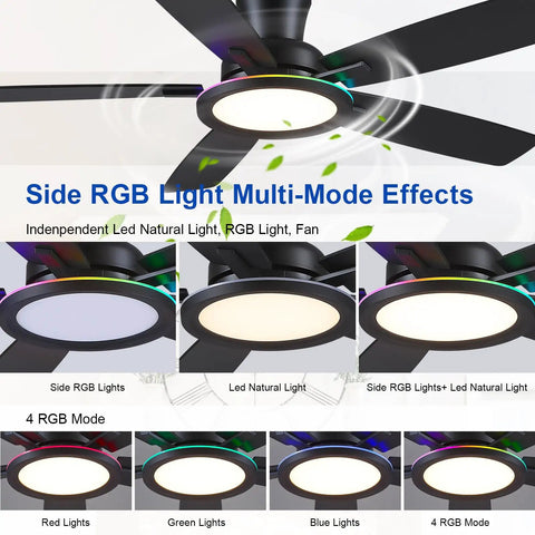 52 Inch Flush Mount Ceiling Fan In Matte Black With Rgb Lighting And Led 3Cct Dimmable Bulbs, showcasing multi-mode lighting effects.