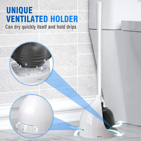 Beast Mode All Angle Heavy Duty Toilet Plunger With Holder fits 3.5 to 6 inch drains, shown with ventilated drip-free holder.