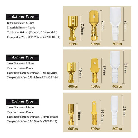 Awesome 600 Piece Assortment Kit Of Insulated Male And Female Spade Wire Connectors With Crimp Terminals In 2.8mm 4.8mm And 6.3mm Sizes For Super Fast Electrical Fixes And Easy Home Gadget Repairs, brass and plastic