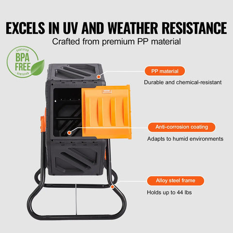 18.5 Gallon Compost Tumbler With Sliding Door, Space Saving Single Chamber, Steel Frame, BPA Free Composter Bin showing features