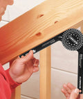 7-Inch Aluminum Miter Saw Protractor With Laser Inside And Outside Readouts, Precise Angle Finder For Crown Molding, Trim Work, Carpentry, Plumbing And All Building Trades, Durable Black Finish For Pros And DIYers in use on wood
