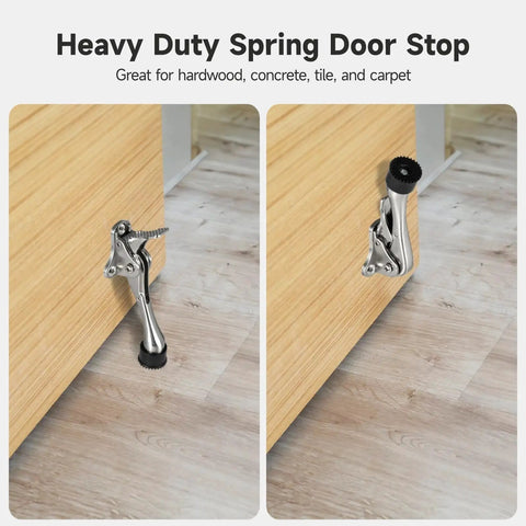 6 Pack Built Tough Heavy Duty Zinc Alloy Door Stop Set With Foot Operated Action And Spring Return, shown on hardwood floor