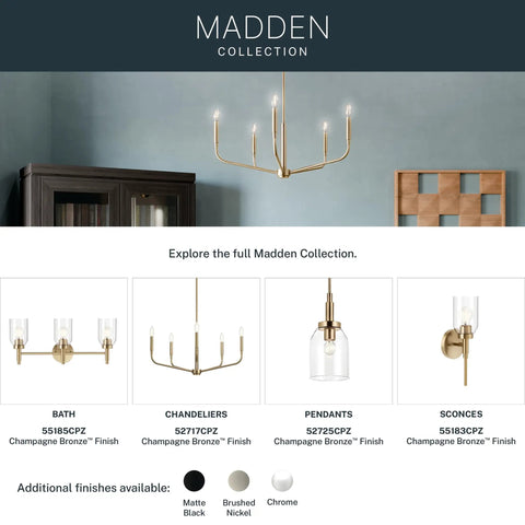 Madden Collection featuring Top Shelf Champagne Bronze Mini Pendant Light With Clear Glass Shade for stylish indoor lighting.