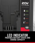 20V Max Lithium Ion Charger with LED display showing battery status and charge capacity, part of 20V Max system