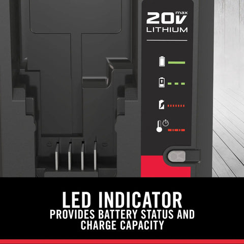 20V Max Lithium Ion Charger with LED display showing battery status and charge capacity, part of 20V Max system