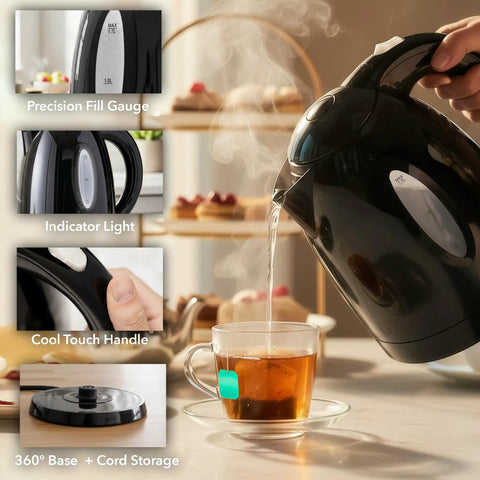 Electric Kettle 1.7 Liter Fast Boil Water Heater For Coffee Or Tea BPA Free With Water Level Gauge Auto Shut Off Boil Dry Protection Indicator Light Removable Filter Black pouring hot water into a cup.