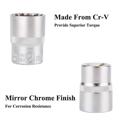 2mm chrome vanadium socket showing superior torque and corrosion-resistant mirror chrome finish from the 19 piece set.