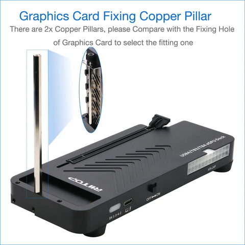 Graphics card fixing copper pillar on external eGPU dock for stable connection with PCIe 4.0 x16 cards.