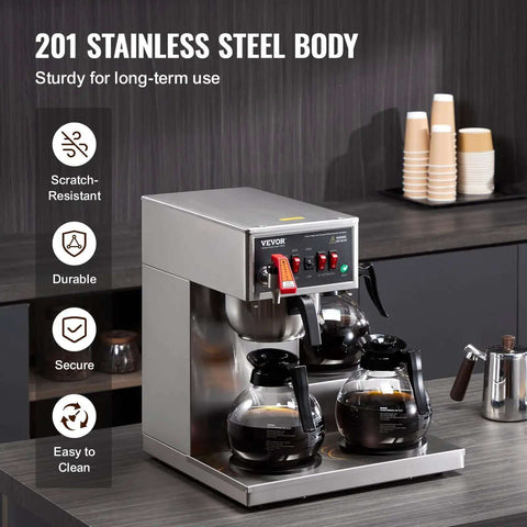 12 Cup Commercial Drip Coffee Maker With 3 Glass Carafes And 3 Warmer Plates, Stainless Steel Pour Over Brewer in kitchen.