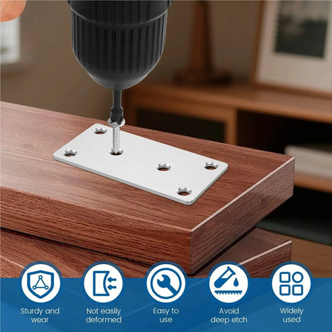 Kickass Stainless Steel Mending Plates 20 Piece Set With Pre Drilled Screws shown during installation on wooden furniture.