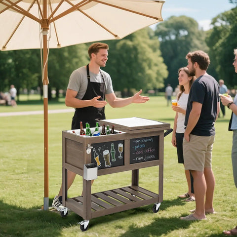 80 Qt Rolling Patio Cooler With Bottle Opener And Shelf For Backyard Hangouts And Gatherings, standing ice chest with blackboard in use