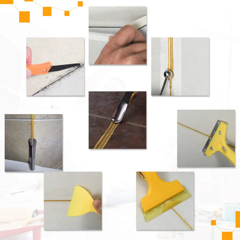 Close-up of 8 tool set with grout saws and scrapers from Dual Cartridge Caulking Gun Kit With 1:1 Epoxy Mixing For 400 ML Cartridges