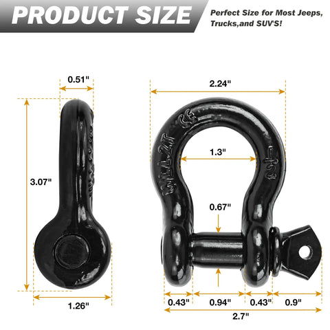 1/2 Inch D Ring Shackle With 9/16 Inch Screw Pin, Heavy Duty Tow And Recovery Shackle For Off Road Adventures, UTV ATV And Trailer Gear, No Gap Design, Won't Slip At Speed, Up To 4,000 Lbs. size diagram with 3.07 in height and 2.24 in width