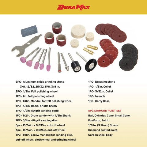 Rotary Tool Kit with 40 Piece Accessory Set including diamond point bits and carry case, layout of bits, grinding stones, and sanders.