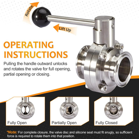 Butterfly valve, 1.5-inch heavy-duty stainless steel with pull handle and sanitary tri-clamp (TC) fittings