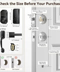 Slick Matte Black Smart Door Lock Featuring Super Quick Keyless Entry And Tight Bluetooth Handle dimensions diagram with measurements.