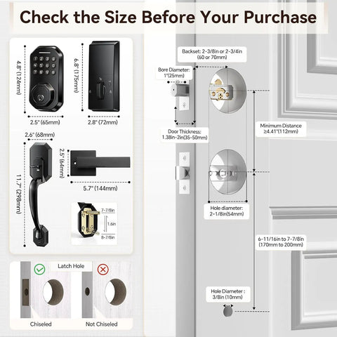 Slick Matte Black Smart Door Lock Featuring Super Quick Keyless Entry And Tight Bluetooth Handle dimensions diagram with measurements.