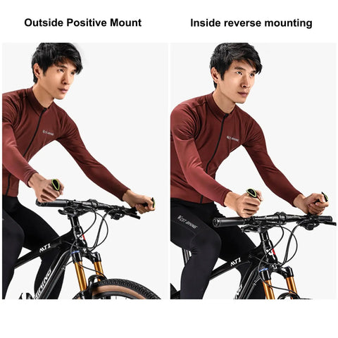 Cyclist using Dope Nylon MTB Inner Bar Ends for Mountain Bikes with Cap Pack and Wrench, ergonomic handlebar ends in two mounting positions.