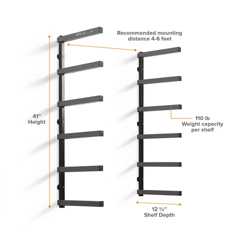 Garage Ready Six Level Wood Organizer And Lumber Storage Metal Rack dimensions and weight capacity shown in diagram