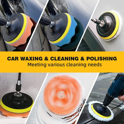 9 Pcs Drill Brush Attachments Set With Soft And Hard Bristles, Horsehair Brush, scouring pads and sponge in car waxing use