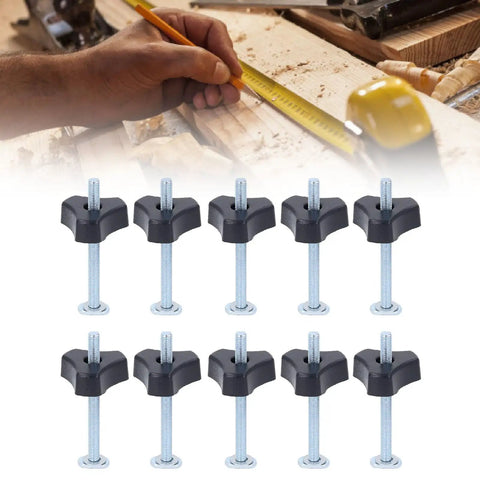 Stainless Steel T Track Knobs Kit With M8x100mm Threaded Bolts, Nuts And Washers displayed in a woodworking setup