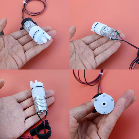 12V DC Mini Food Grade Self Priming Diaphragm Water Transfer Pump One Point Three Liters Per Minute in hand close-up