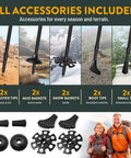 Display of accessories for Foldable Hiking Poles For Travel And Trekking, including tips and baskets for varied terrain, cork grips visible.