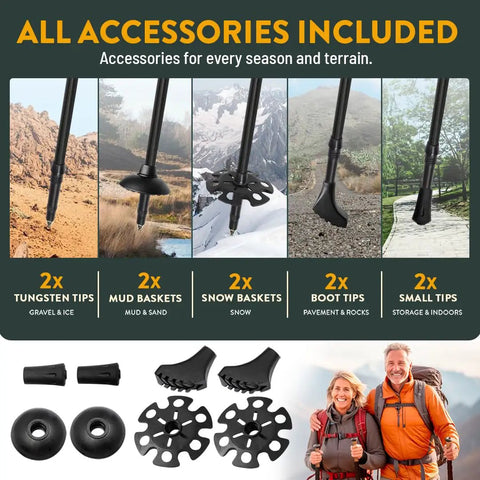 Display of accessories for Foldable Hiking Poles For Travel And Trekking, including tips and baskets for varied terrain, cork grips visible.