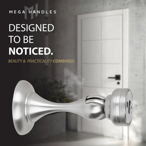 Heavy Duty Magnetic Door Stopper Finished In Sleek Satin Nickel To Lock Doors Wide Open and Nip Nasty Wall Scuffs In The Bud.