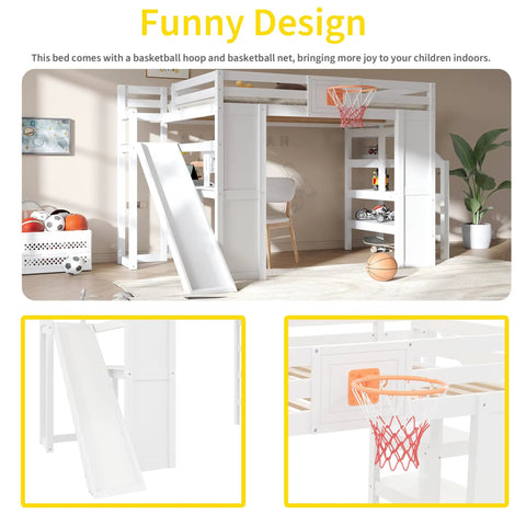 No Fuss Full Size Wooden Loft Bed With Built In Desk And Clever Storage Stairs, Equipped With A Smooth Slide And Basketball Hoop.