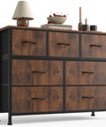 7 Drawer Dresser With Fabric Bins, Space Saving Storage Tower Organizer For Bedroom Closet Hallway Entryway, Steel Frame With Wood Top And Easy Pull Handles, Rustic Brown Chest Of Drawers with decor