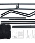 Disassembled Baseball Z Screen Heavy Duty 7x5ft Portable Pitching Screen components with frame, net, stakes, instructions.