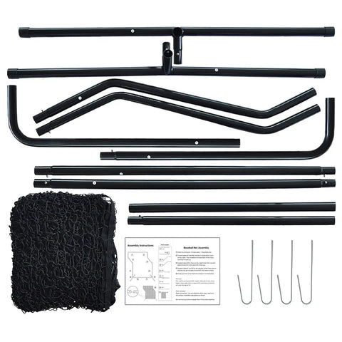 Disassembled Baseball Z Screen Heavy Duty 7x5ft Portable Pitching Screen components with frame, net, stakes, instructions.