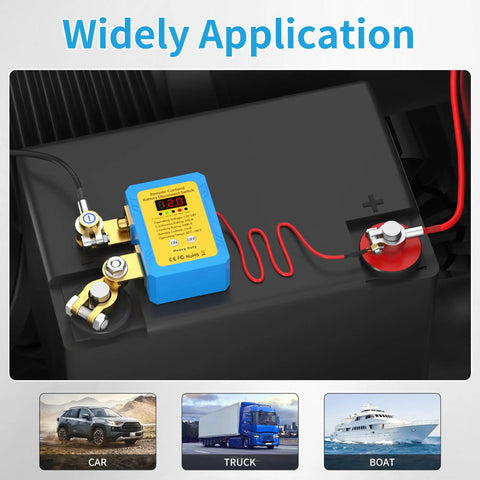 Heavy Duty 12V Car Kill Switch With Remote Battery Disconnect, 240A Peak shown on a vehicle battery, LED Voltage Display visible