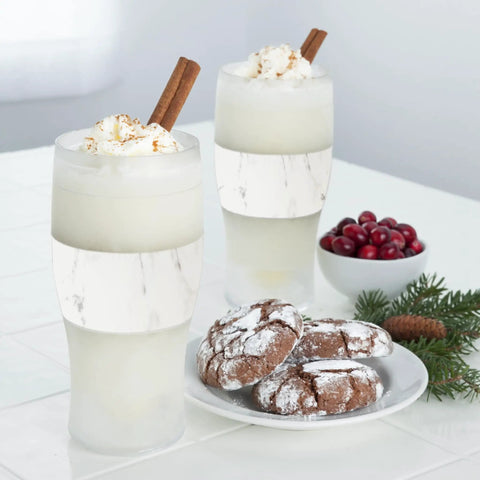 Freezable Insulated Pint Mugs Set Of 2 Double Walled Frosty Drink Glasses With Gel Core Keeps Beer And Cold Brew Icy Longer 16 Oz Marble Chilled Beverage Tumblers For Backyard Hangouts And Easy Sipping Vibes with whipped cream and cookies