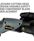 Close-up of Cordless Electric Craft Scissors with safety lock design, rechargeable battery, and two blades for DIY projects